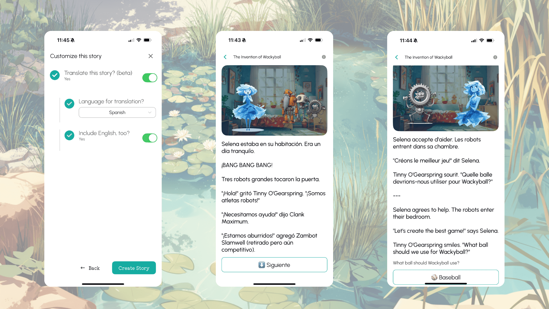 Translation examples showing Spanish translation and French bilingual version of The Invention of Wackyball