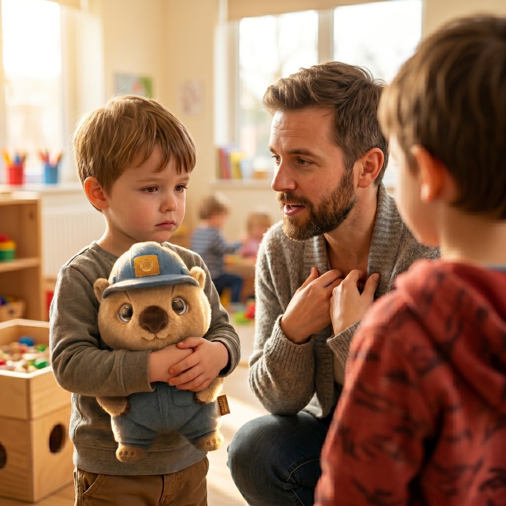 A teacher crouches between two young children, helping them work through a conflict in a classroom setting