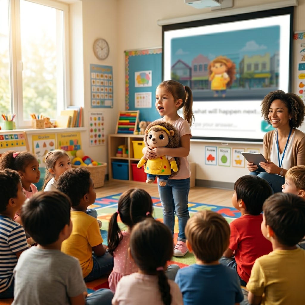 Kids sitting in a circle with teacher, a child holds a Wanderly character plushie while the character appears on the smart board