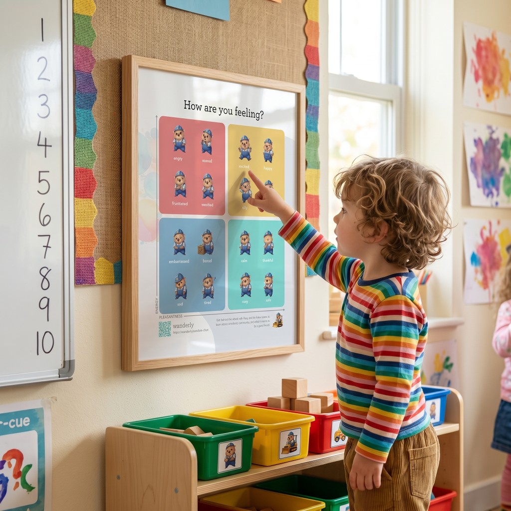A child pointing at a Wanderly "How are you feeling?" emotion chart on a classroom wall