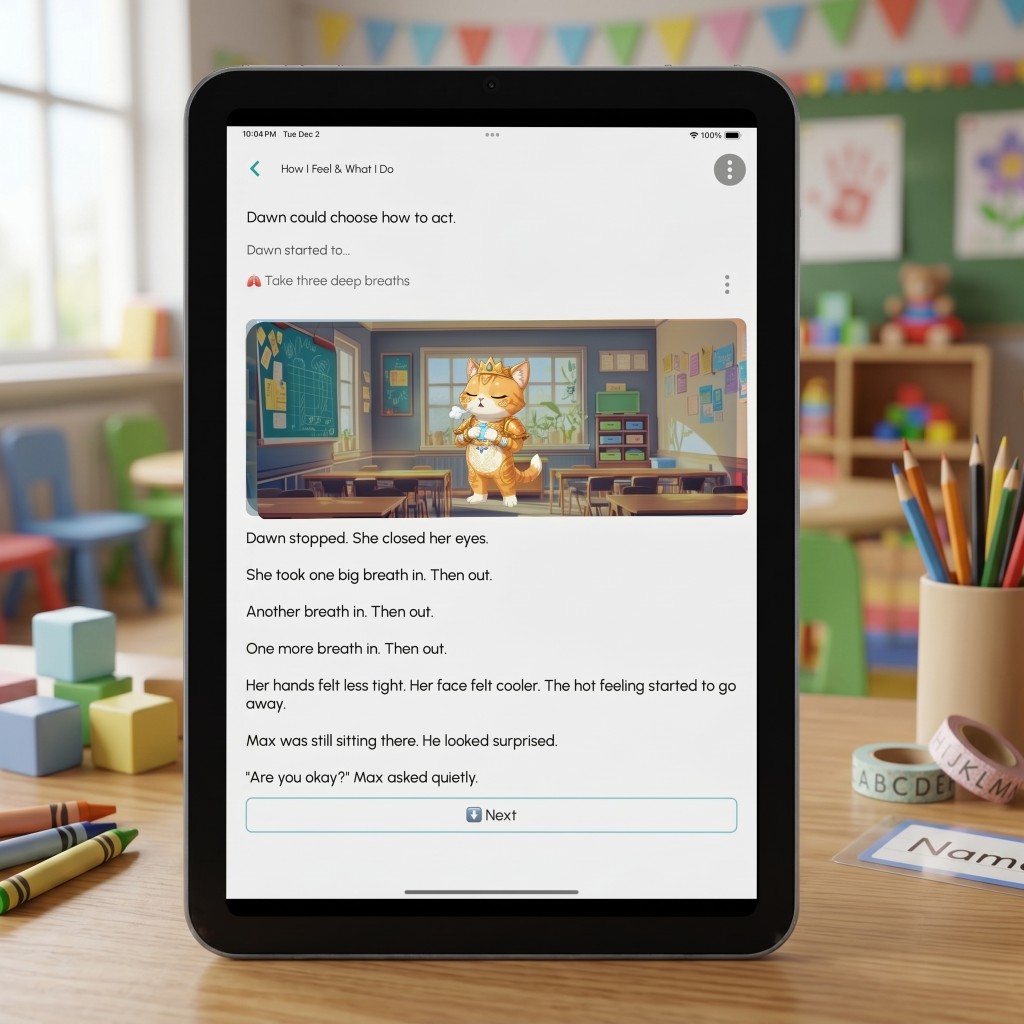 A tablet propped on a classroom desk showing a Wanderly interactive story