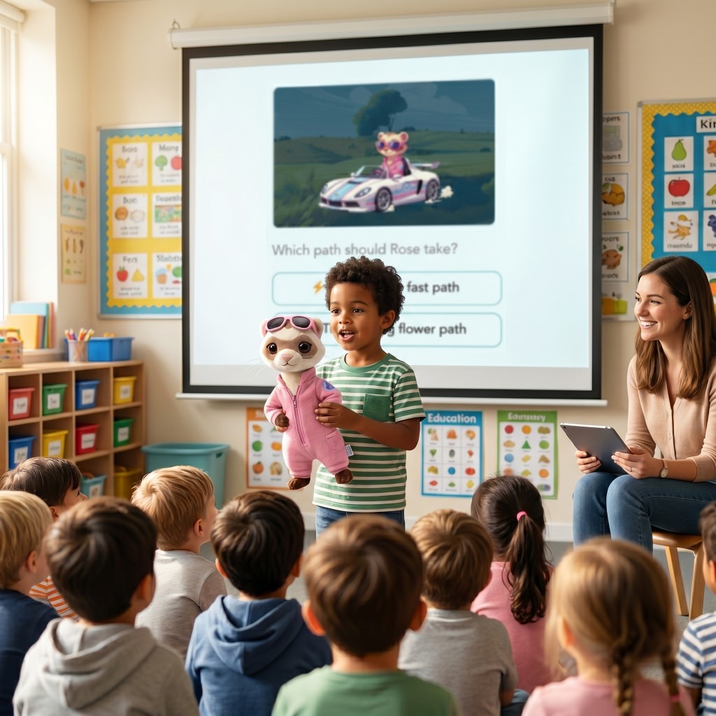 A child holds a Wanderly hedgehog plushie in a circle of K–1 students while the character is projected on the screen behind them