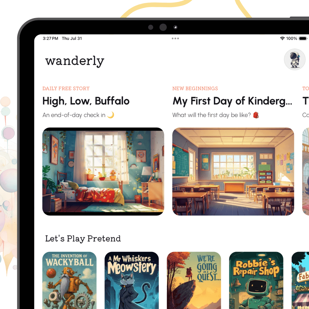 Child writing in a Wanderly story with colorful pens